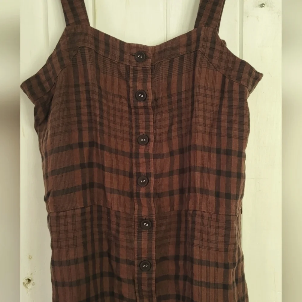 Everlane Linen Brown Black Plaid Button Down Jumpsuit